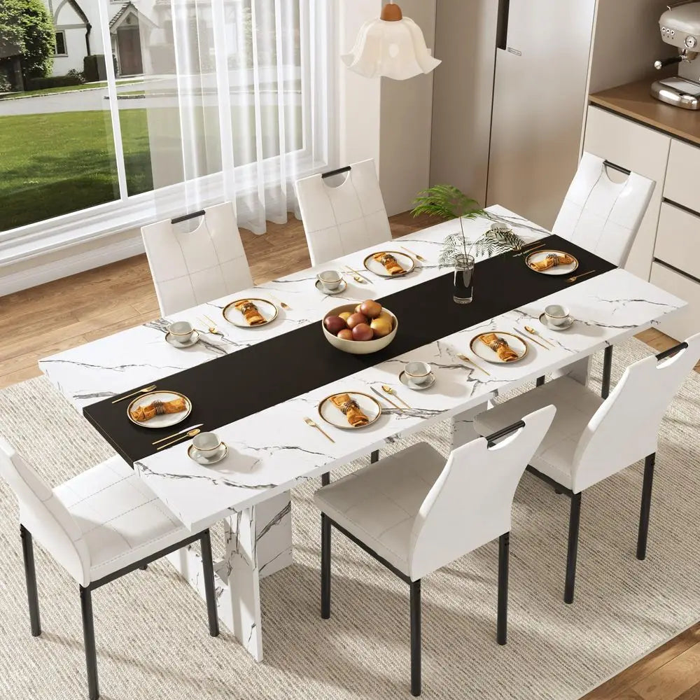 7 Pieces Dining Table amp Chairs Set for 48 People, 71 Inch Kitchen Table with 6 Chairs, Rectangle Dining Table with Wooden Leg