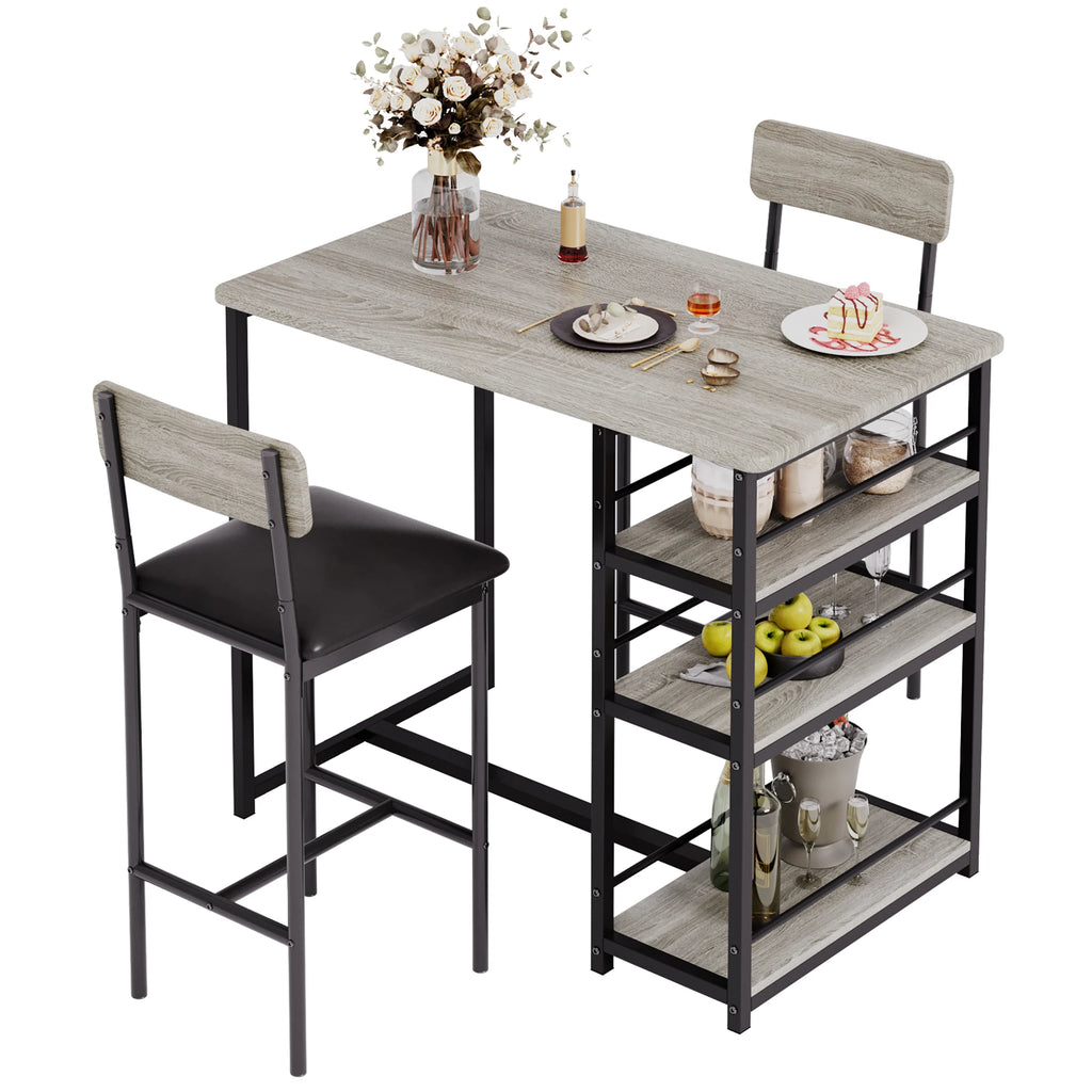 Dining Table Set with 3-Tier Shelves Bar Kitchen Table Set with 2 Padded Chairs 3-Piece Kitchen Table Set for Home, Small Space