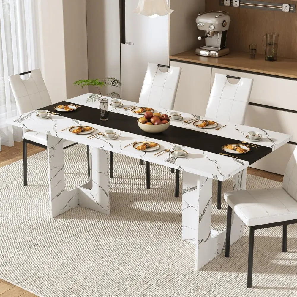 7 Pieces Dining Table amp Chairs Set for 48 People, 71 Inch Kitchen Table with 6 Chairs, Rectangle Dining Table with Wooden Leg