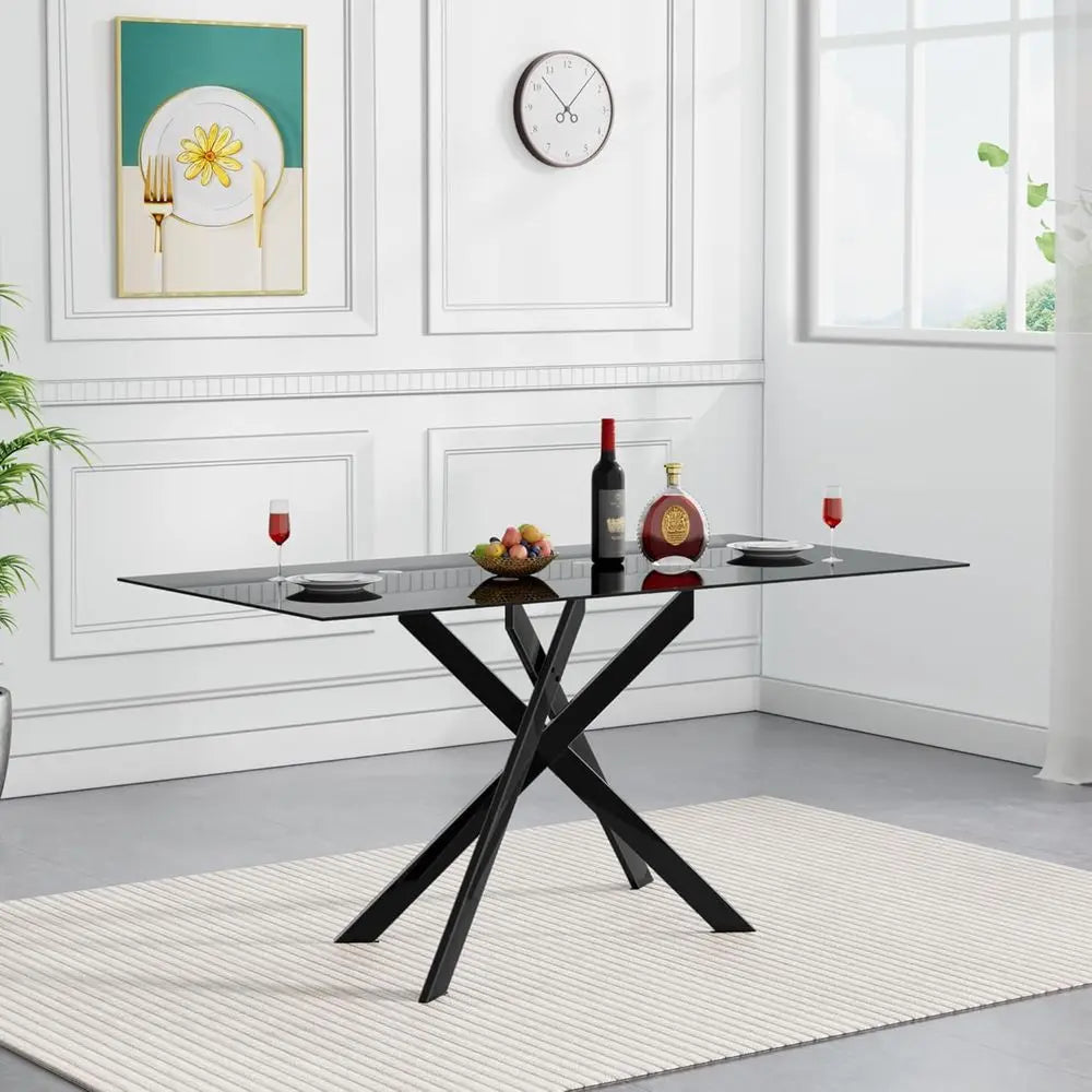 7-Piece Modern Glass Dining Set, Black Glass Table with 6 Chairs