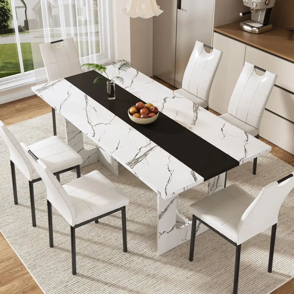 7 Pieces Dining Table amp Chairs Set for 48 People, 71 Inch Kitchen Table with 6 Chairs, Rectangle Dining Table with Wooden Leg