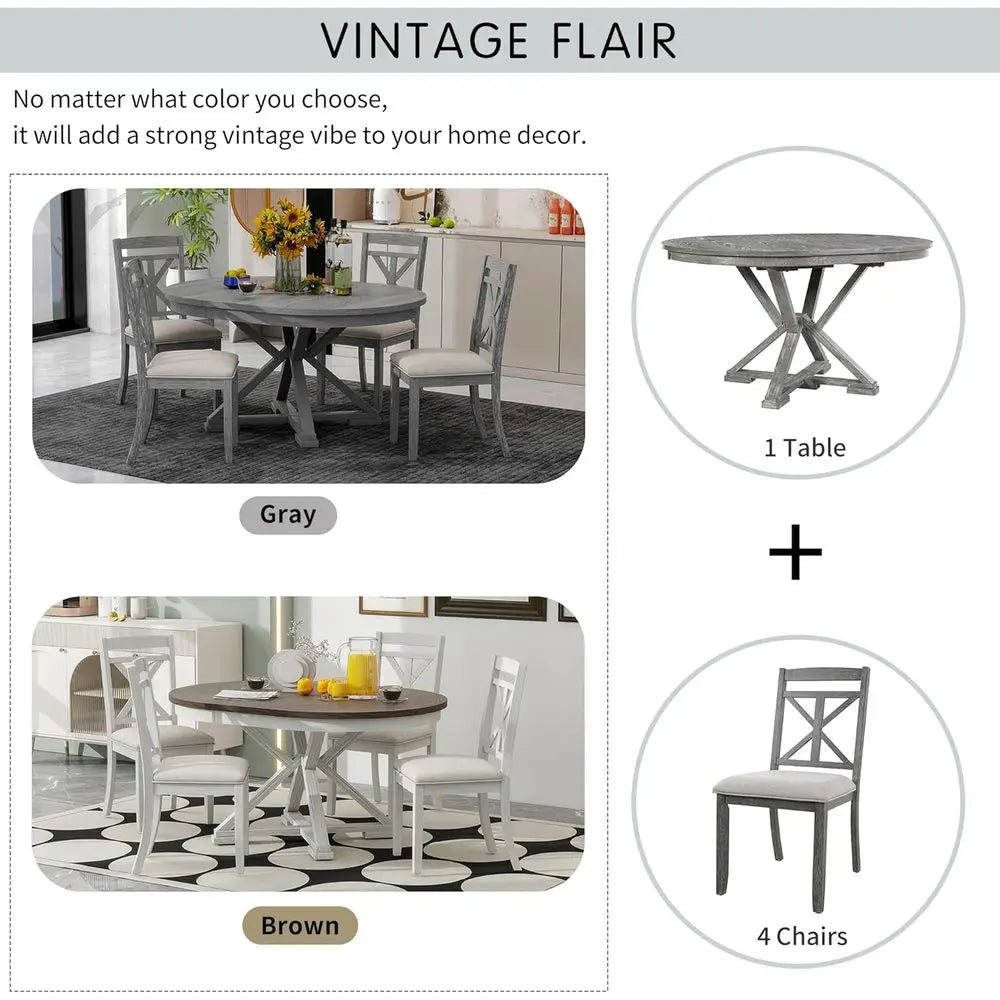 Round Dining Table Set for 4 with Upholstered Chairs, Suitable for Kitchen, Dining, Living Room, Grey