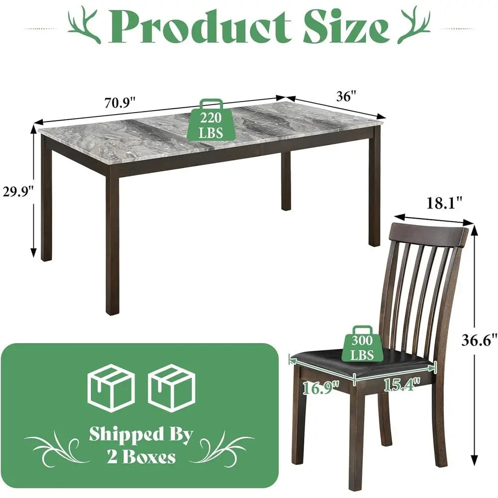 7-Piece Solid Wood Dining Set with 6 PU Leather Chairs, 71 Marble Effect Table for Kitchen & Dining Room, Cappuccino Brown