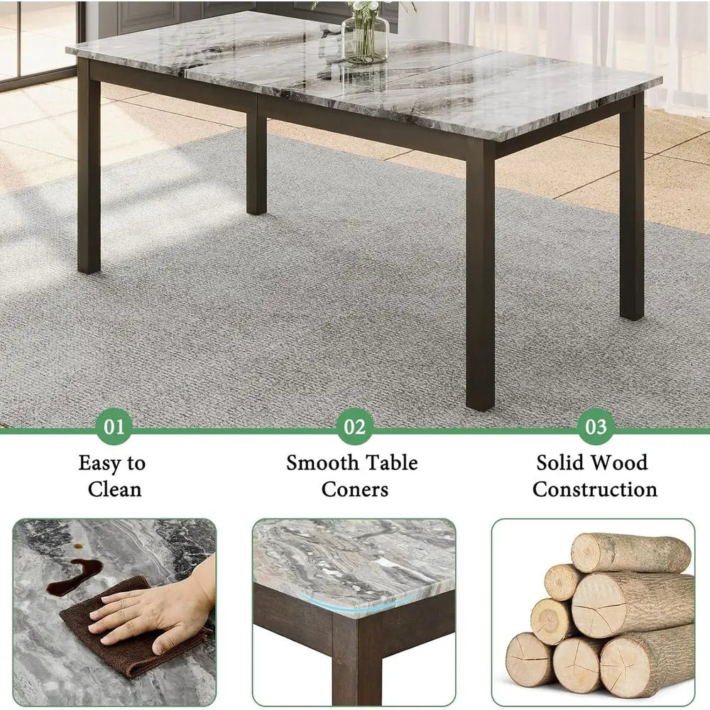 7-Piece Solid Wood Dining Set with 6 PU Leather Chairs, 71 Marble Effect Table for Kitchen & Dining Room, Cappuccino Brown