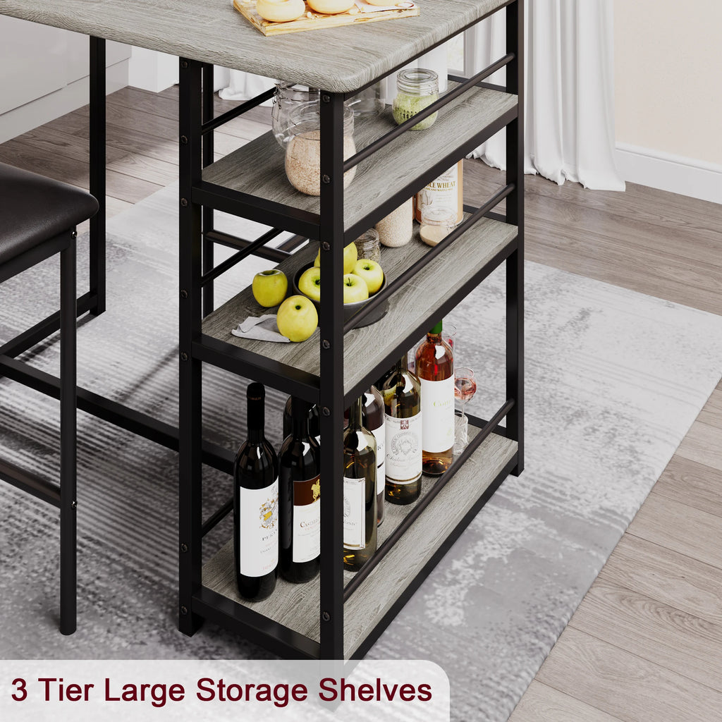 Dining Table Set with 3-Tier Shelves Bar Kitchen Table Set with 2 Padded Chairs 3-Piece Kitchen Table Set for Home, Small Space