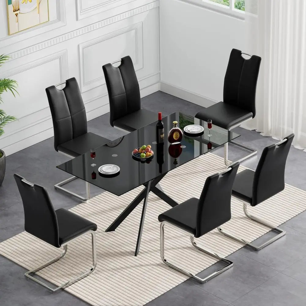 7-Piece Modern Glass Dining Set, Black Glass Table with 6 Chairs
