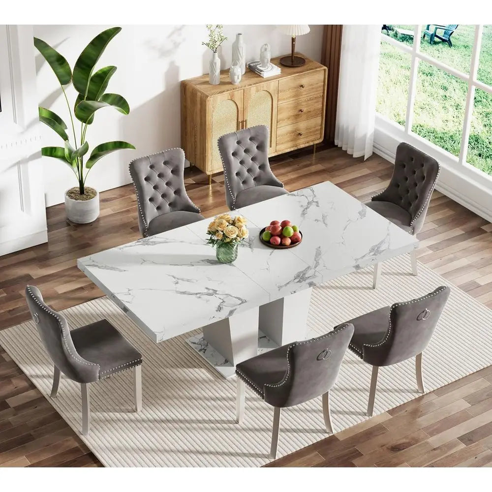 7-Piece Marble Top Dining Table Set or 6-Piece Expandable Dining Table with Grey Tufted Chairs or 6-Seat Large Kitchen Table wit