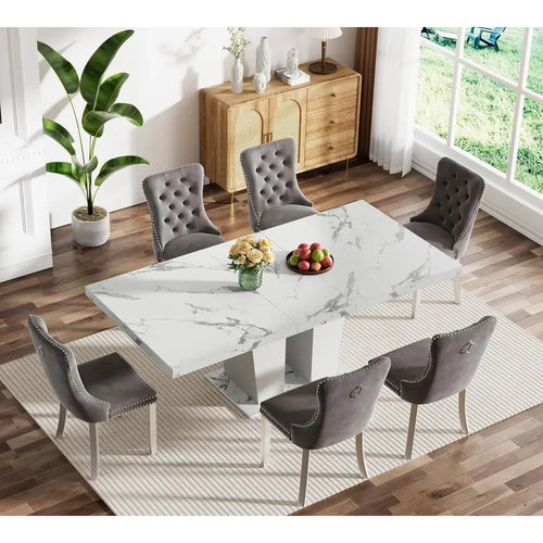 7-Piece Marble Top Dining Table Set or 6-Piece Expandable Dining Table with Grey Tufted Chairs or 6-Seat Large Kitchen Table wit