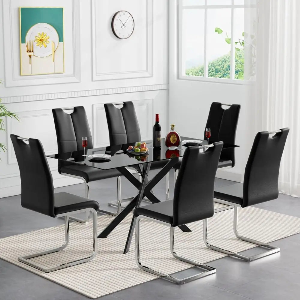 7-Piece Modern Glass Dining Set, Black Glass Table with 6 Chairs