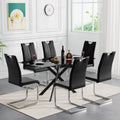 7-Piece Modern Glass Dining Set, Black Glass Table with 6 Chairs