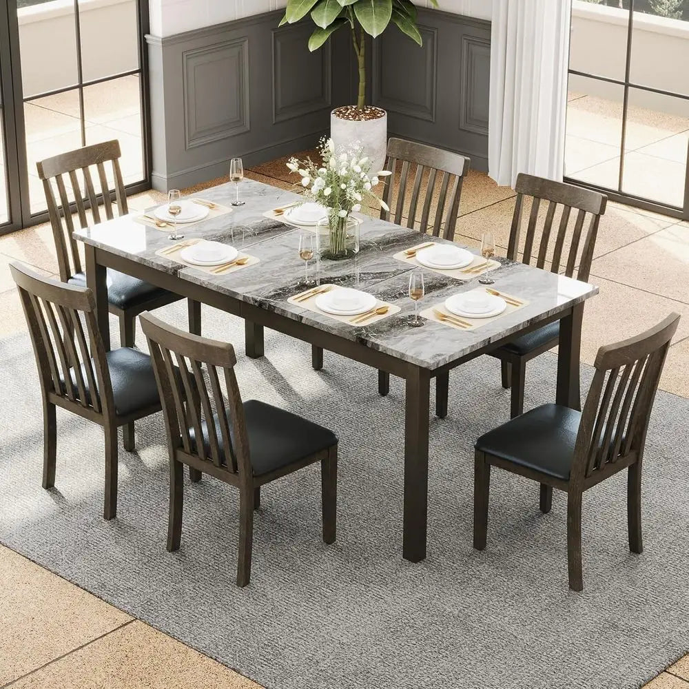 7-Piece Solid Wood Dining Set with 6 PU Leather Chairs, 71 Marble Effect Table for Kitchen & Dining Room, Cappuccino Brown