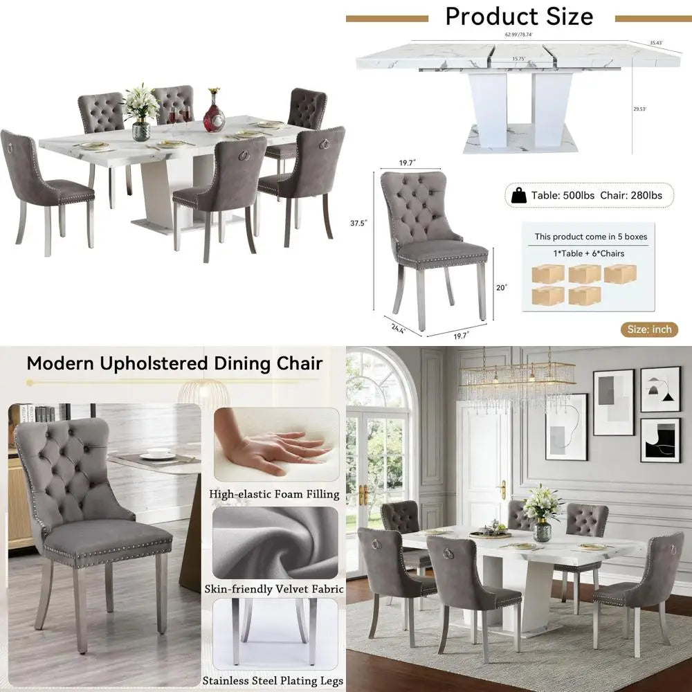 7-Piece Marble Top Dining Table Set or 6-Piece Expandable Dining Table with Grey Tufted Chairs or 6-Seat Large Kitchen Table wit