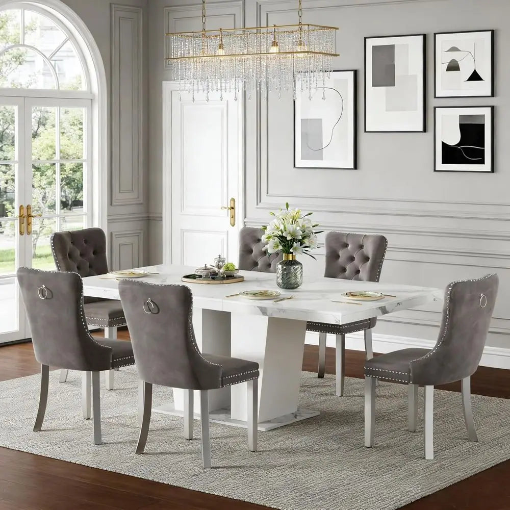 7-Piece Marble Top Dining Table Set or 6-Piece Expandable Dining Table with Grey Tufted Chairs or 6-Seat Large Kitchen Table wit